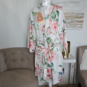 Floral Satin Robe - White and Pink
